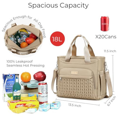 AIJIEKE Large Insulated Lunch Bag for Women Men, Work Lunch Box Tote, Khaki | Leakproof, durable multi-compartment cooler. Reusable with shoulder strap. Perfect for travel meal prep, picnic, beach - color: Brown Taupe