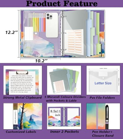 3 Ring 1 Inch Binder Organizer, BVSSX Three Ring Binders with Clipboard, 5-Tabs Pockets Dividers, Plastic Folder, 18 Divider Stikers,Pen Loop (Rainbow Trail, Letter Size) - color: Rainbow Trail, size: 1in（Letter Size）