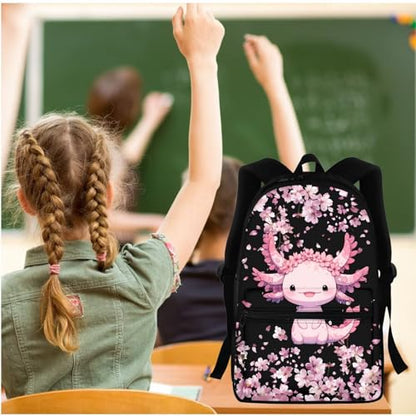 BIGCARJOB Kids Backpack Flower Axolotl School Bags for Girls 10-12 Book Bag 17 Inch Kids Children Schoolbag Large Bookbag with Lunch Box Pencil Case Set Pink Cherry Blossom Flower Axolotl Backpack Set - color: Axolotl Flower, size: One Size