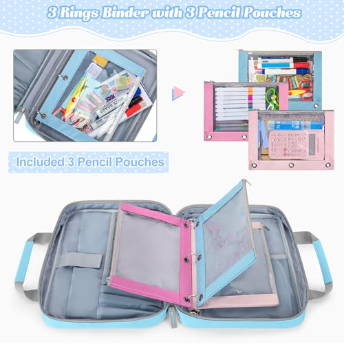 YARWO 2026 Upgraded Zipper Binder with 3 Pencil Pouches, 3 Ring Binder Bag | Small File Organizer, Multi Pockets, Padded Sleeve Fits 13” iPad, ID window, 1.2" O Ring, for School, Office, Work, Blue - color: Blue