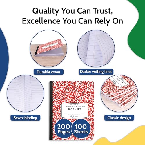 24 Pack - EPI Wide Ruled Marble Composition Notebook - Red 200 Page Note Book - 9.75 x 7.5 Inch Hardcover Journal with Sewn Binding for Secure Pages - Classroom Back to School Supplies - color: Red, size: 24