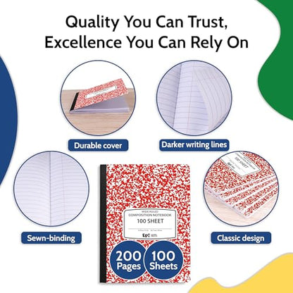 12 Pack - EPI Wide Ruled Marble Composition Notebook - Red 200 Page Note Book - 9.75 x 7.5 Inch Hardcover Journal with Sewn Binding for Secure Pages - Classroom Back to School Supplies - color: Red, size: 12
