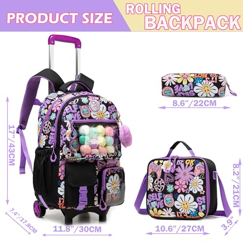 Meetbelify Backpack with Wheels for Girls Rolling Backpack Cute Carry on Backpack with Lunch Box for Elementary Student Teen Kids Luggage Travel Suitcase Girls 8-10 Black - color: Black Flower