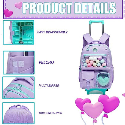 Rolling Backpack for Girls Kids Backpack with Wheels Backpacks for Elementary with Lunch Box Pencil Case Trolley Luggage - color: Purple