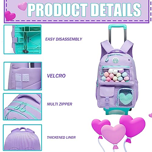 Rolling Backpack for Girls Kids Backpack with Wheels Backpacks for Elementary with Lunch Box Pencil Case Trolley Luggage - color: Purple