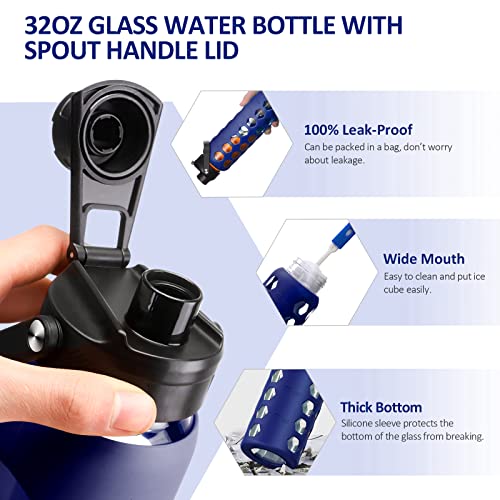 MUKOKO 24oz Glass Water Bottle, Blue | Glass Tumbler with Straw, Drinking Bottles with 2 Lids-Handle Spout Lid & Bamboo Straw Lid, Silicone Sleeve, 1 Pack - color: Bule, size: 24 Ounces