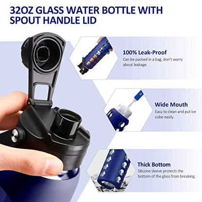 MUKOKO 24oz Glass Water Bottle, Blue | Glass Tumbler with Straw, Drinking Bottles with 2 Lids-Handle Spout Lid & Bamboo Straw Lid, Silicone Sleeve, 1 Pack - color: Bule, size: 24 Ounces