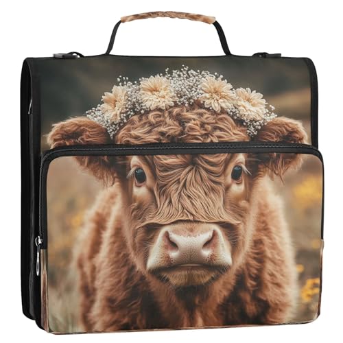 Kigai Flower Highland Cow Zipper Binder with Shoulder Strap 1.5 inch 3 Ring D Ring Multiple Pockets Expanding File Folder 13 Inch Laptop Organizer School & Office Supplies