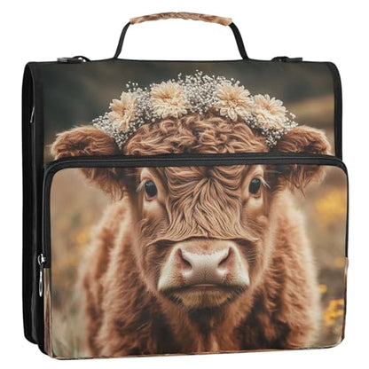 Kigai Flower Highland Cow Zipper Binder with Shoulder Strap 1.5 inch 3 Ring D Ring Multiple Pockets Expanding File Folder 13 Inch Laptop Organizer School & Office Supplies