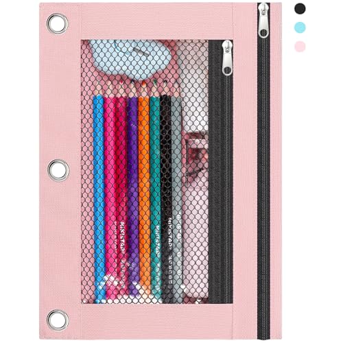 KONVINIT Pencil Pouch for 3 Ring Binder, Zipper Binder Pencil Pouch, Durable Cloth Pencil Case with 2 Pockets, Mesh Window Pencil Case Pouch for School Supplies, Cables, Earbuds, Makeup, Pink - color: Pink, size: 1Pack
