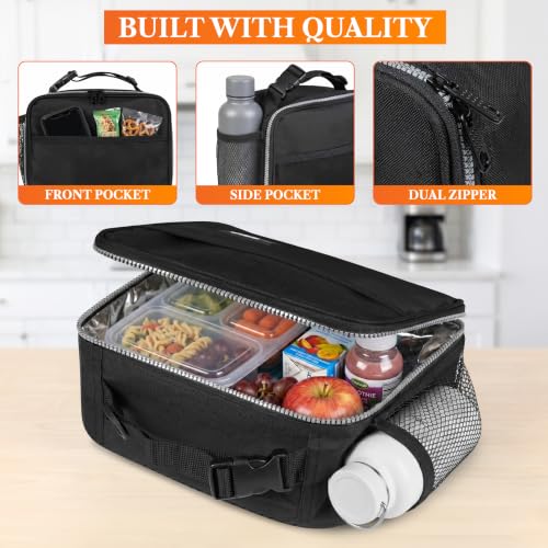 opux Insulated Lunch Bag for Kids, Reusable Lunch Box for School with Leakproof Lining, Compact Soft Cooler Tote for Boys & Girls, Front Pocket, Mesh Side Bottle Holder (Black) - color: Black