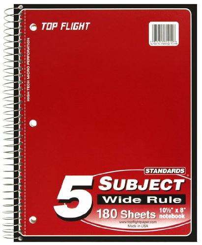 Top Flight Standards 5-Subject Wirebound Notebook, 180 Sheets, 3-Hole Punched, Wide Rule, 10.5 x 8 Inches, 1 Notebook, Color May Vary (31414) (Pack of 12) - size: 1 Count (Pack of 12)
