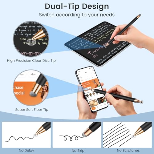 Mixoo Universal Stylus Pen for Touchscreen iPhone iPad Android Tablet Apple Kindle Switch Chromebook Galaxy All Touch Screens, 2-in-1 High Sensitivity Fiber & Disc Stylus Pens Magnetic Cap - color: Black & Silver