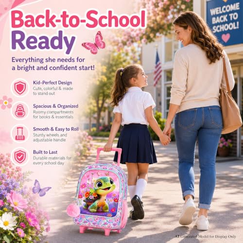 gxtvo Girls Rolling Backpack, Cute Turtle Roller Wheels Kids Bookbag - Wheeled Elementary School Bag - 3PCS Turtle - color: Uv Printing Flower Turtle Rolling Backpack