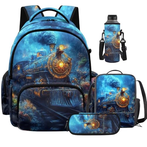 Blue Train Backpack for Boys 8-12 Girls Kids Backpack and Lunch Box Set for Elementary Preschool Student with Zipper Pencil Case Water Bottle Sleeve Lightweight Bookbags School Supplies - color: Blue Train
