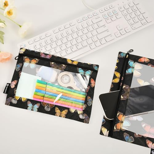 Butterfly Pencil Pouches for 3 Ring Binder, Zipper Binder Pencil Case, 2 Pack Clear Window Case Bag for Office Organizers - color: Butterfly