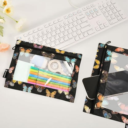 Butterfly Pencil Pouches for 3 Ring Binder, Zipper Binder Pencil Case, 2 Pack Clear Window Case Bag for Office Organizers - color: Butterfly