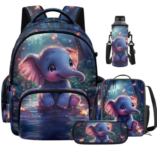 Cute Elephant Backpack for Girls Boys Kids Backpack with Lunch Box Water Bottle Pouch and Soft Pencil Case Elementary Middle High School Lightweight Waterproof Large Capacity Bookbag - color: Cute Elephant