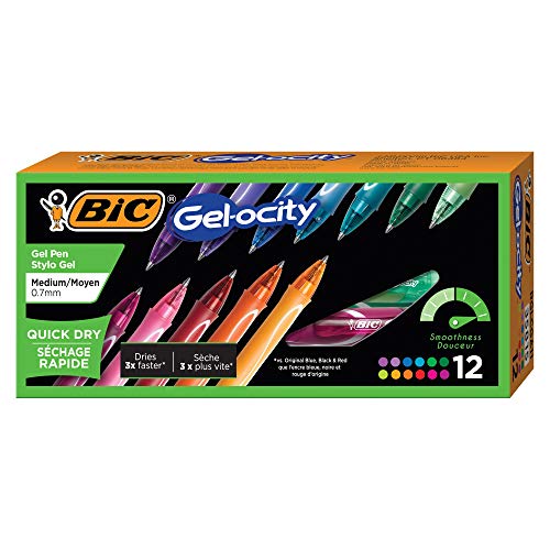 BIC Gel-Ocity Quick Dry Gel Pens, Medium Point Retractable Gel Pen (0.7mm), Assorted Colors, 12-Count- Pack of 18 - color: Assorted, size: 12 Count (Pack of 18)