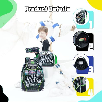 Backpack for Girls Elementary Preschool Kids Lunch Box for School - color: 02 Green Game
