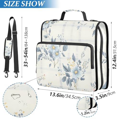 3 Ring Binder Zipper Binders Blue Flowers Plaid Expanding File Folder Bag with Shoulder Strap - color: Blue