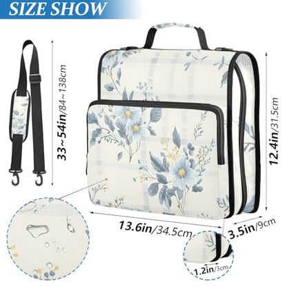 3 Ring Binder Zipper Binders Blue Flowers Plaid Expanding File Folder Bag with Shoulder Strap - color: Blue