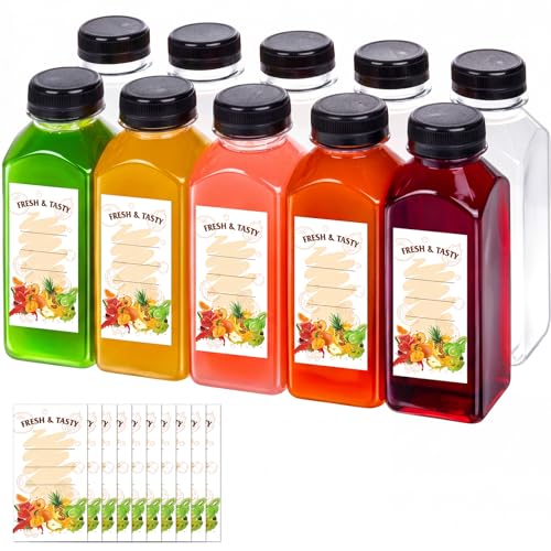 BAKHUK 10pcs 12oz Empty Plastic Juice Bottles with Caps, Plastic Water Bottles with Lids, Reusable Clear Bulk Beverage Containers for Juice, Milk and Other Beverages