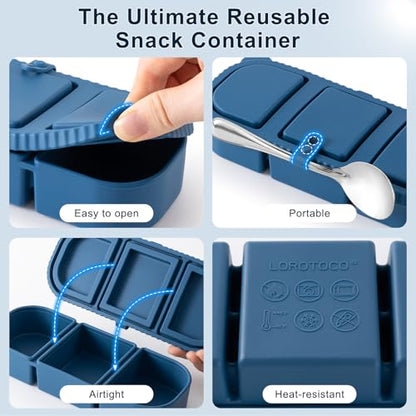 3 Pack Silicone Reusable Snack Containers with Lids - 3 Compartment Snackle Box for Kids & Adults, BPA-Free & Leakproof, Small for Dressing, Sauces, School, Office, Picnic（Blue, yellow, pink） - color: 3-Compartment (3-Pack)