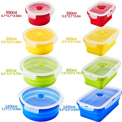 Zopeal 8 Pcs Collapsible Food Storage Containers Foldable Silicone Lunch Containers with Lids 4 Silicone Rectangle Collapsible Bowls and 4 Round Food Bowls Microwave Freezer Dishwasher Safe (Colorful) - color: Colorful