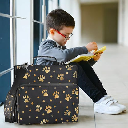 Gold Paw Prints Zipper Binder 3 Ring with Shoulder Strap and Handle Multiple Pockets Expanding File Folder Organizer