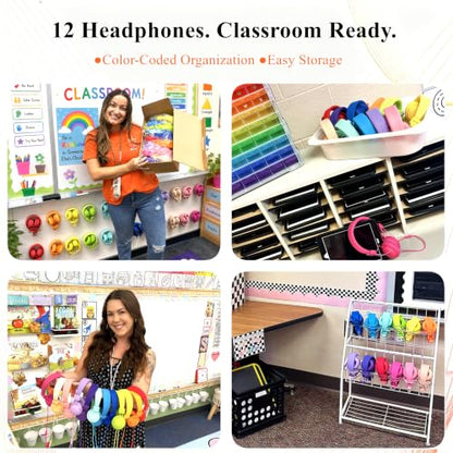 12-Pack Classroom Headphones for K-12 Schools, Bulk Wired 3.5mm Jack | 85dB Volume-Limited, Built-in Mic, Foldable Design, Tangle-Free Cable For Student Use, Rainbow Colors