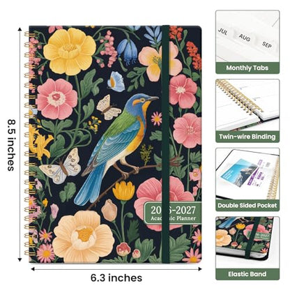 Planner 2026-2027, Academic Year Monthly and Weekly Calendar Planner, Jul 2026 - Jun 2027, Hardcover Teacher Student Planning Agenda book with Tabs, Perfect for School Office Supplies, 6.3" x 8.5" - Garden Bird - color: C-Garden Bird, size: (6.3"x8.5")a5