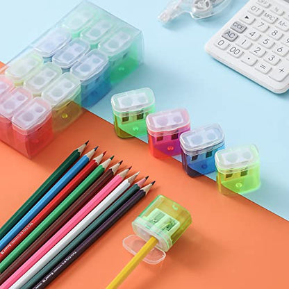 XYW 24 Pack Compact Dual-Hole Manual Pencil Sharpeners with Lid & Receptacle, Colorful Portable Handheld Sharpeners for School, Classroom, Home Office - color: 24 Pack