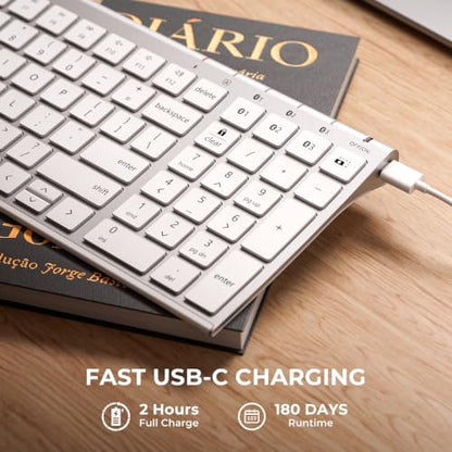 iClever BK10 SE Bluetooth Keyboard for Mac, Multi-Device Slim Wireless Keyboard with Numeric Keypad, Standard Full-Size Keys, USB-C Rechargeable, Compatible with iPad Windows iOS Android - color: Silver