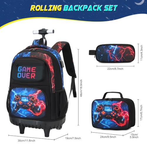 Scothen 3PCS Rolling Backpack for Boys, Cool Gamer Roller Backpack with Wheels, Kids Boy Wheeled Backpacks with Lunch Bag Pencil Case for Teens Bookbag Kindergarten Elementary Middle School - color: Red Blue Lighting
