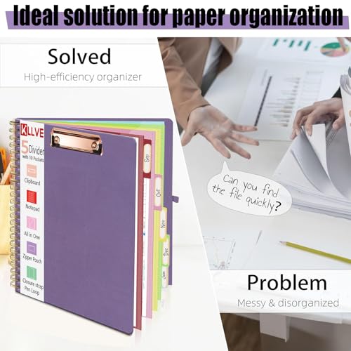 Purple Foldable Spiral Clipboard Folio with Storage Zipper Pouch, 5 Plastic Folders with Pockets,Refillable Lined Notepad (8.5" x 11"), Hardcover Project Organizer with 36 Stickers - color: Purple