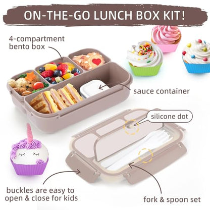 QQKO Bento Box Adult Lunch Box, Lunch Containers for Adults Men Women, Kids Lunch Boxes for School with 4 Compartments, Sauce Container, Utensils and Muffin Cups, Brown - color: Brown