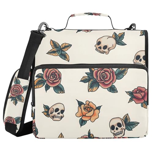 Vintage Old-School Tattoo Zipper Binder with Shoulder Strap & Handle for Easy Carry, 1.5 Inch 3-Ring Binder for School, Expansion Panel and Expanding File