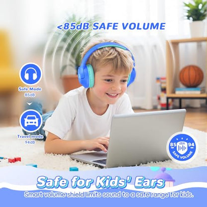 Kids Bluetooth Headphones with 85H Playtime Without LED, Safe Volume 85/94dB Wireless Headphones for Kids, Bluetooth 5.4, Over-Ear Toddler Headset for Boys Tablet/ Airplane/School (Azure No LED) - color: Azure