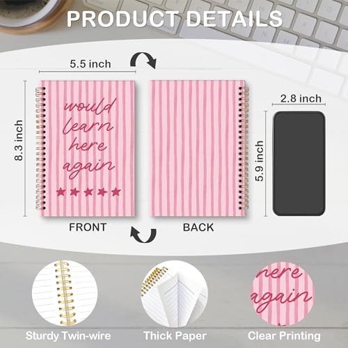 Pink Preppy Funny Classroom A5 Spiral Notebook Gifts for Girls, Pink Striped Hardcover Daily Journal Notebooks Lined for School Note Taking, Would Learn Here Again Composition Notebook 5.5x8.3 - color: learn