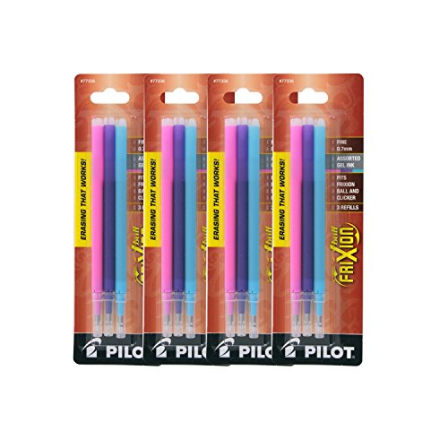 4PACK Pilot FriXion Gel Ink Erasable Pens Refill 3/pk Fine Black/Blue/Red(77335)