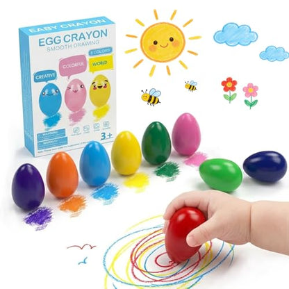 MAGQOO 9 Colors Egg Crayon for Toddlers Baby Palm Grip Jumbo Crayons Easter Egg Gifts Non Toxic Palm Grasp Washable Paint Crayons Stackable Toys
