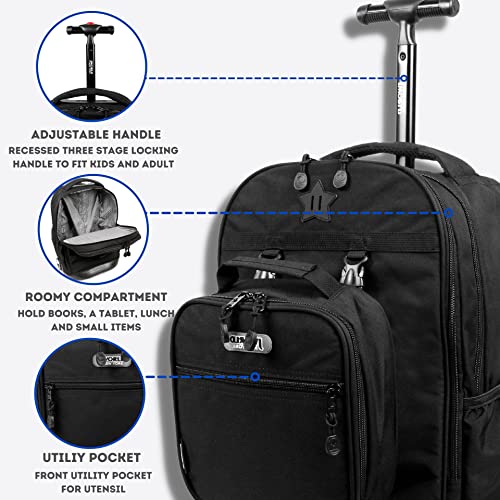J World Duo Kids Rolling Backpack With Lunch Box Set. School Bookbag on Wheels, Black - color: Black