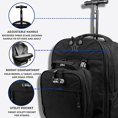 J World Duo Kids Rolling Backpack With Lunch Box Set. School Bookbag on Wheels, Black - color: Black