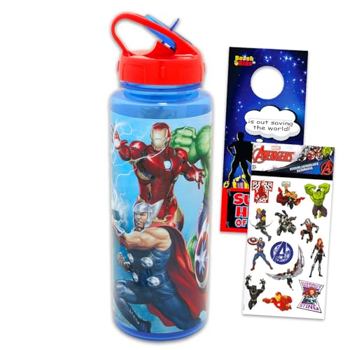 Marvel Avengers Reusable Water Bottle Set - 30 Oz Bundle Plastic Water Bottle with Spout for Home, School, Sports Plus Sticker, and More | Avengers Container