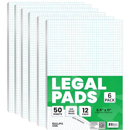 E-CLIPS USA Graph Paper Pad, Graph Paper Notebook, 4 x 4 An Inch Quad Ruled Graph Paper Pad, Graph Paper Pads 8.5 x 11, Drafting Paper, 50 Sheets Per Pad (6 Pack) - size: 6 Pack