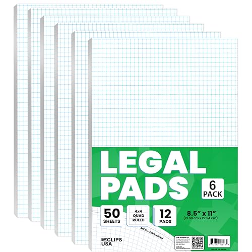 E-CLIPS USA Graph Paper Pad, Graph Paper Notebook, 4 x 4 An Inch Quad Ruled Graph Paper Pad, Graph Paper Pads 8.5 x 11, Drafting Paper, 50 Sheets Per Pad (6 Pack) - size: 6 Pack