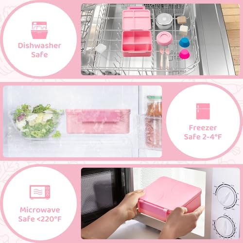 Bento Box for Kids Lunch box with Leak Proof Thermos Food Jar, Food Lunch Containers for Girls with 4 Compartments, Food Picks, Sauce Jar(Pink) - color: Pink