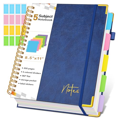 Spiral Notebook Journal with Removable Dividers Tabs, 300 Pages Hardcover Leather 5 Subject College Ruled Notebook, 8.5"x11" Large A4 Lined Journal for Women Men, Spiral Notebook for Work School, Navy - color: Navy, size: A4