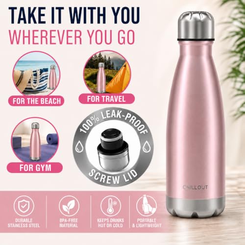 CHILLOUT LIFE 12oz Kids Insulated Stainless Steel Water Bottle, Leak Proof | Small Metal Water Bottle, Keeps Drinks Cold 24H & Hot 12H, Leak-Proof Screw Lid, Perfect for School, Travel & Sports - color: Rose Gold